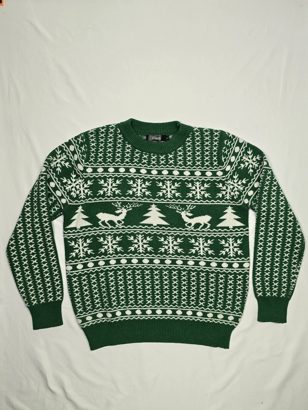 iClosam Green Reindeer Fair Isle Christmas Sweater Size L